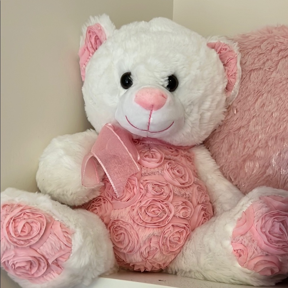 White and Pink Teddy Bear with Rosette Design